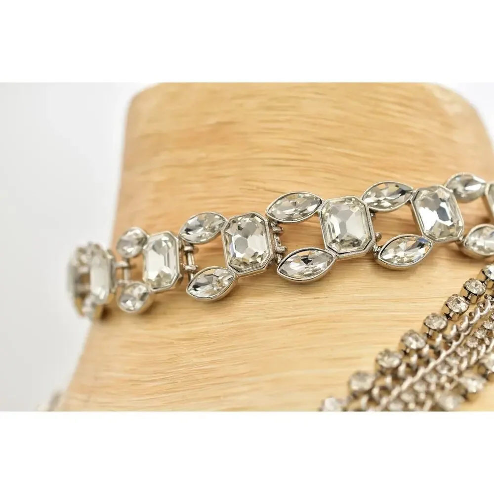 Vintage Choker Layered Necklace Rhinestone Crystal Silver Multi-Chain Y2K BinBJ